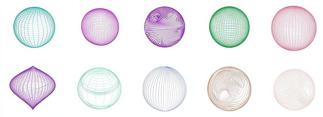 Fototapeta premium Colorful Wireframe Spheres and Shapes on a White Background