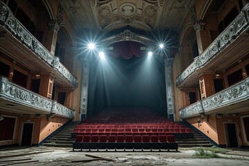 Obraz premium Grand Abandoned Theatre Interior Bathed in Spotlight with Exquisite Silver Detailing