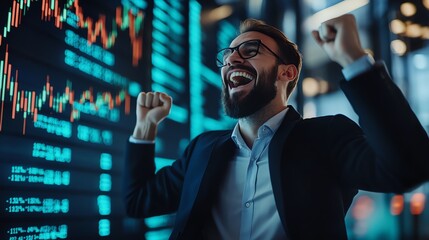 Happy investor celebrating stock market gains, digital trading success, wealth building, copy space.