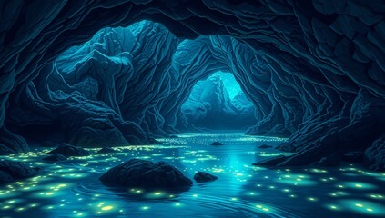 Hidden Tidal Cave with Bioluminescent Runic Symbols – A secretive tidal cave, its entrance illuminated by shimmering bioluminescent runes at low tide