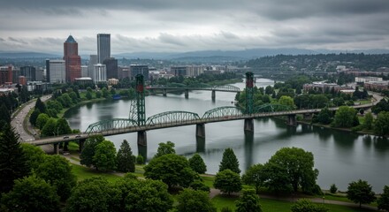 Naklejka premium Aerial View of Portland City with Willamette River and Bridges Under Cloudy Sky, Showcasing Modern Architecture and Lush Greenery in Urban Landscape