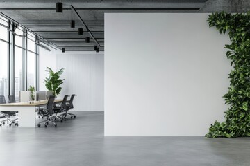 Modern office, blank wall, city view, plants, presentation