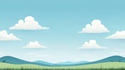 Obraz premium serene minimalist landscape with rolling green hills, clear blue sky, and fluffy white clouds