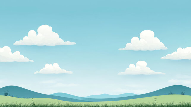 serene minimalist landscape with rolling green hills, clear blue sky, and fluffy white clouds