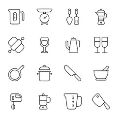 A set of kitchen utensils and appliances