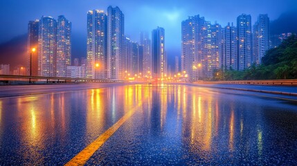 Obraz premium 63.A reflective asphalt road leading to illuminated high-rises, the faint mist of recent rain adding depth to the scene under warm urban lighting.