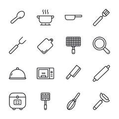A set of kitchen utensils and appliances