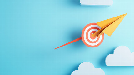 paper airplane soaring high towards vibrant target surrounded by clouds, symbolizing ambition and creativity