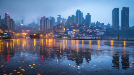Fototapeta premium 65.Nighttime cityscape of Chongqing with a rain-soaked road, its surface mirroring the dazzling light patterns from futuristic skyscrapers and urban activity.