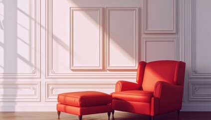 Red armchair and ottoman in a sunlit room with classic white walls and molding