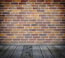 Old bricks wall and old wooden floor background with vignette effect.