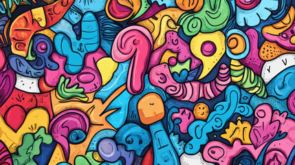 vibrant collection of whimsical doodle shapes in various colors, featuring question marks, arrows, and abstract forms that create playful and energetic atmosphere