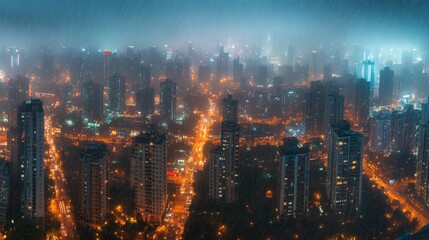 Obraz premium 80.High-angle view of a sprawling cityscape at night, glimmering streetlights distorted by falling rain, with faint fog softening the edges of the skyscrapers.