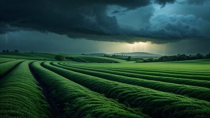 Stormy Landscape: Dramatic storm clouds unleash a bolt of lightning over a lush green field, creating a breathtaking juxtaposition of power and tranquility.