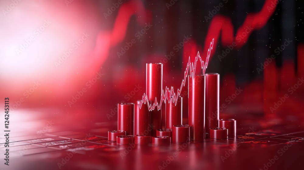 Poster red graph with data bars and trend line on abstract background