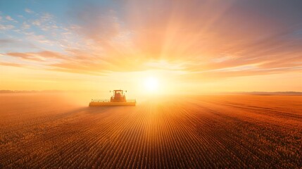 Fototapeta premium Combine Harvester Harvesting Wheat Field at Sunset