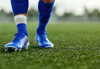 Close-Up of Blue Soccer Cleats on Green Artificial Turf Field