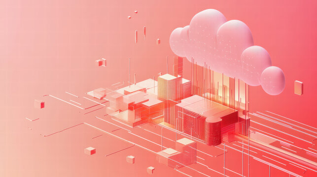 Abstract isometric representation of cloud data processing with geometric shapes and pink gradient background. This digital artwork illustrates modern technology and data flow