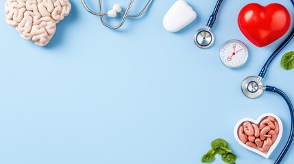 Medical Concept with Brain, Stethoscope, Heart and Health Tools