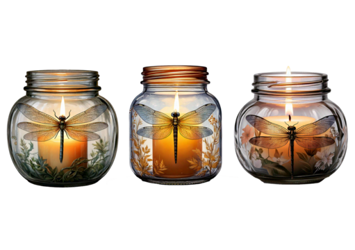 Set Glass jar with a candle and a dragonfly design isolated on transparent or white background