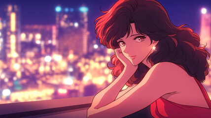 ロマンチックな夜の街｜都会を眺める優雅な女性｜ネオンライトと美の融合