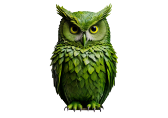Large green owl sculpture made of leaves isolated on transparent or white background