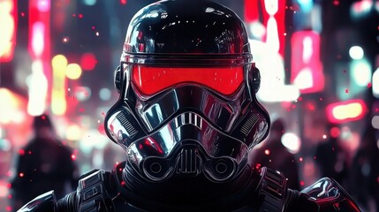 Fototapeta premium Futuristic Soldier in Black Armor with Red Visor in Neon Cityscape