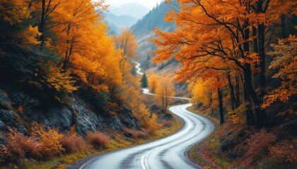 Obraz premium Winding road through vibrant autumn forest with colorful foliage