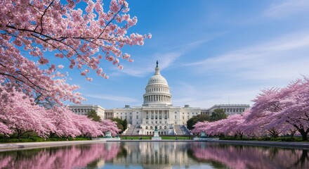 Captivating Spring Scene of the United States Capitol Surrounded by Blooming Cherry Blossoms and Reflecting in Tranquil Waters Under a Clear Blue Sky