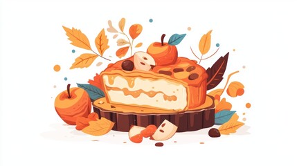 Fototapeta premium Cozy Autumn Dessert Scene with Pumpkin Cake and Colorful Leaves