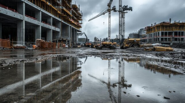 102.A rain-soaked construction site with towering equipment and unfinished buildings, puddles reflecting gray skies and rain streaking dramatically through the air.