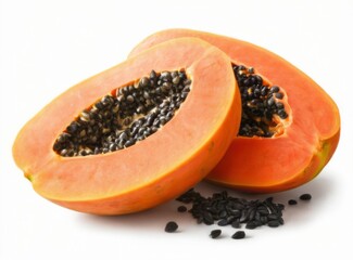 Fresh Papaya Fruit Halves with Seeds on White Background