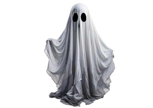 White ghost with black eyes isolated on transparent or white background