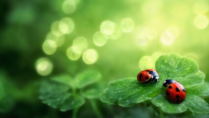 Obraz premium Tranquil CloseUp of Two Red Ladybugs on Clover Leaf in Natural Setting