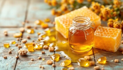 Honey jar and honeycomb displayed on a wooden surface