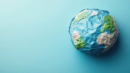 Colorful Paper Globe Crafted from Recycled Materials on a Blue Background, Perfect for Educational and Creative Projects, Isolated with Attention to Detail