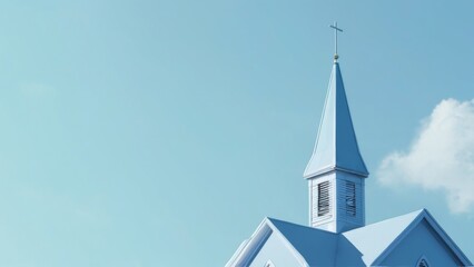 Church steeple with white cross under light blue sky  peaceful and serene digital illustration with low angle perspective.