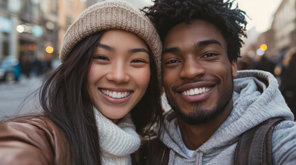 Fototapeta premium A young couple taking selfie in the city, smiling at camera, generative AI
