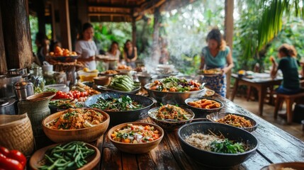 Obraz premium Abundant buffet of diverse Asian dishes. Perfect for illustrating culinary tourism or healthy eating.
