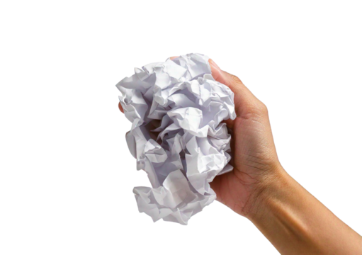 Crumpled paper in hand isolated on transparent or white background