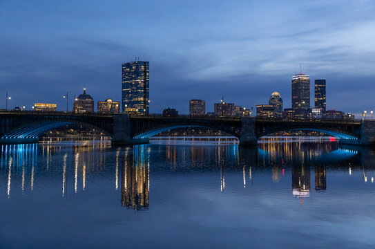 Boston Back Bay Skyline Night on Charles River Bridge