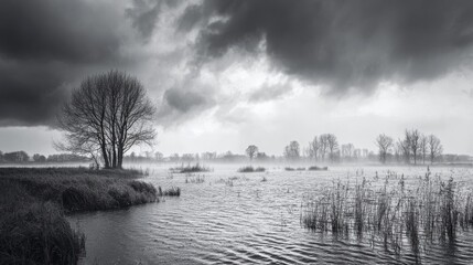 Fototapeta premium 2.Stormy landscape of the Frisian lake district with heavy rainfall, rippling water, and dark gray clouds looming overhead, distant silhouettes of trees barely visible through the misty rain.