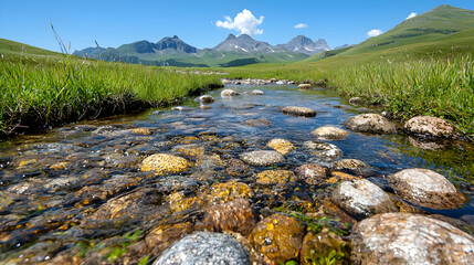 Mountain stream flows through alpine meadow (10)