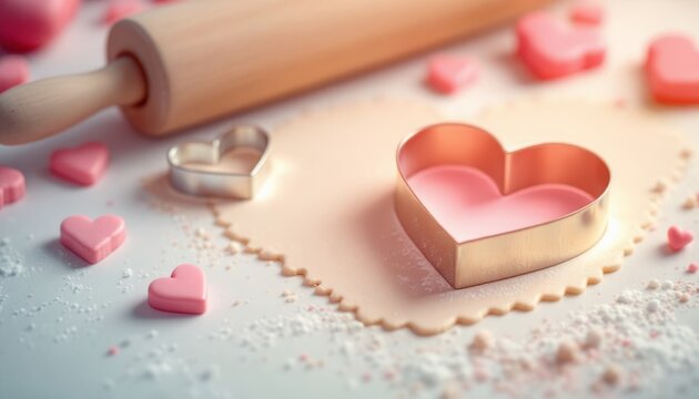 Love-filled baking background with a heart-shaped cookie cutter