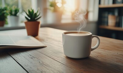 Obraz premium Warm Cup of Coffee on Wooden Table with Natural Light and Plants