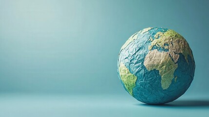 Fototapeta premium Detailed Paper Model of Globe in Vibrant Colors Isolated on Soft Blue Background for Educational and Creative Uses