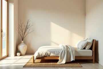 Serene Bedroom Interior Design with Minimalist Wooden Bed and Natural Light