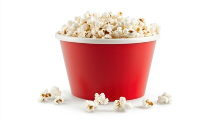 Classic Red and White Popcorn Bucket Isolated on Clean Background for Movie Night or Snack-Time Themes