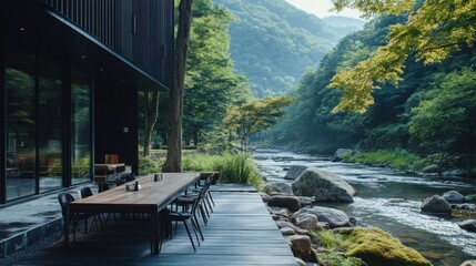 Fototapeta premium Serene Mountain Riverside Restaurant: A Tranquil Escape