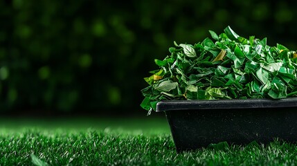 Dark Green Leaves in Black Container on Lush Grass